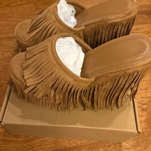 Brown suede fringe wedges
